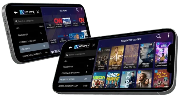 Two phones running an IPTV player with the Xtreme HD IPTV live TV and recently added sections
